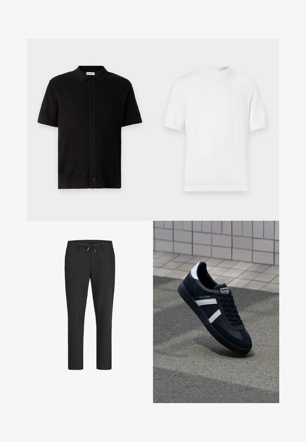 Hvid kortærmet strik t-shirt med rund halsudskæring, der har en glat overflade og ribbede detaljer ved kraven og kanten.; Sort kortærmet poloshirt lavet af tekstureret stof med en knaplukning foran og en klassisk krave. Har en lige søm.; Sorte afslappede bukser med tætsiddende pasform, elastisk taljebånd, justerbar snor, sidelommer og bæltestropper.; Sort lædersneaker med hvide striber, tekstureret gummisål og snørrebånd foran. Har et brandet mærke på tungen.