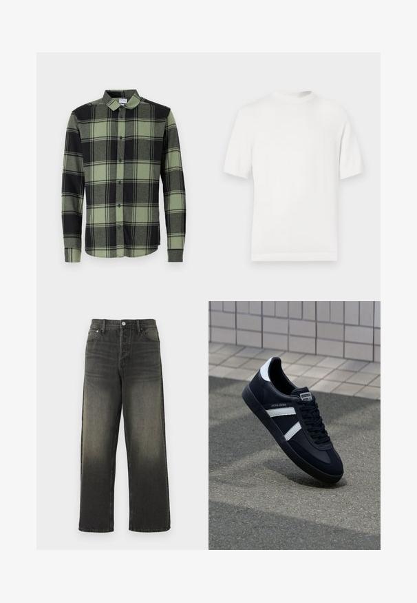 Witte korte mouwen gebreide t-shirt met een ronde halslijn, met een gladde textuur en ribbelaccenten op de kraag en de zoom.; Donkergroene en zwarte geruite button-up shirt met lange mouwen, met een klassieke kraag en blauwe knopen. Zachte, gestructureerde stof.; Zwarte denim jeans met een relaxte pasvorm, met een hoge taille, zilveren details en een vervaagde textuur met subtiele plooien. Rechte pijpen zonder versieringen.; Zwarte leren sneaker met witte strepen, een gestructureerde rubberen zool en vetersluiting aan de voorkant. Voorzien van een merklabel op de tong.