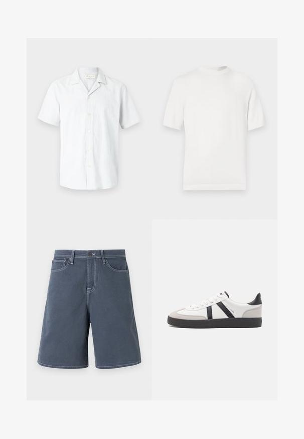 T-shirt en tricot blanc à manches courtes avec un col rond, présentant une texture lisse et des accents côtelés au niveau du col et de l'ourlet.; Chemise à manches courtes, de couleur gris clair, boutonnée, en mélange de lin, avec un col camp et six boutons à l'avant, texture lisse.; Shorts bleu foncé en coton avec des coutures blanches, cinq poches et un système de fermeture à bouton à la taille. Design à jambe droite, avec un minimum de détails.; Baskets blanches avec des accents noirs et gris, présentant un embout texturé gris, une semelle en caoutchouc noir et des lacets plats blancs. Design épuré, style minimaliste.