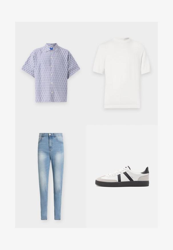 T-shirt en tricot blanc à manches courtes avec un col rond, présentant une texture lisse et des accents côtelés au niveau du col et de l'ourlet.; Chemise à manches courtes boutonnée en bleu clair avec un motif géométrique bleu foncé. Elle présente un col et une coupe décontractée. Fabriquée en tissu léger.; Jeans taille haute bleu clair en tissu denim. Coupe slim avec détails délavés, cinq poches et une fermeture par bouton métallique.; Baskets blanches avec des accents noirs et gris, présentant un embout texturé gris, une semelle en caoutchouc noir et des lacets plats blancs. Design épuré, style minimaliste.