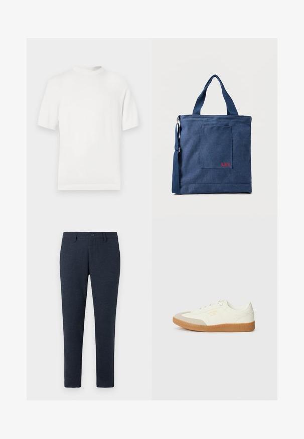 Witte korte mouwen gebreide t-shirt met een ronde halslijn, met een gladde textuur en ribbelaccenten op de kraag en de zoom.; Donker marineblauwe slim-fit broek met riemlussen, een knoop aan de voorkant en zijzakken, weergegeven op een witte achtergrond.; Schoen gemaakt van wit leer met een beige teenkap en een lichtbruine rubberen zool. Voorzien van platte witte veters en reliëfbranding aan de zijkant.; Blauwe canvas tas met voorvak en rode "O.N.S" borduring, voorzien van dubbele handvatten en een verstelbare schouderriem.