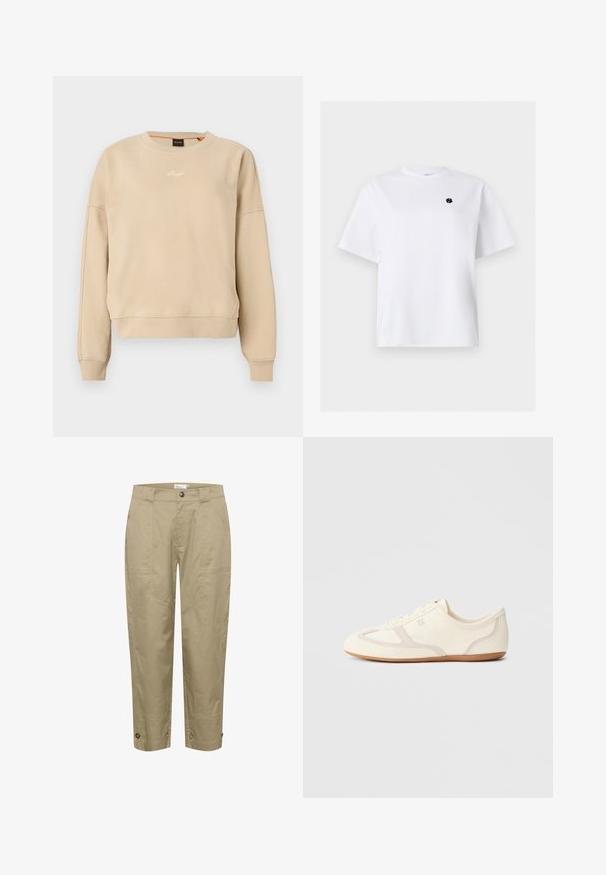 Beige langærmet crewneck-sweatshirt med ribbet kant ved ærmer og bund, lille hvidt broderet logo midt på brystet.; Hvid T-shirt med korte ærmer og rund hals med lille sort broderet logo på venstre bryst.; Beige, lette bukser med lige pasform, der har sidelommer og knapdetaljer i kanten for justerbar pasform og stil.; Sneakers i cremefarve med overdel i ruskind og stof, rundet tå og gummisål med beige detaljer. Snørelukning.
