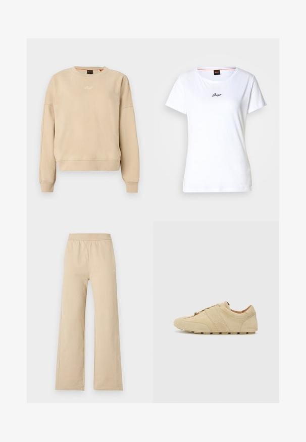 Beige lange mouwen trui met ronde hals, geribde boorden en zoom, klein wit geborduurd logo in het midden van de borst.; Wit katoenen T-shirt met korte mouwen en een ronde halslijn. Voorzien van een cursief zwart "Boss"-logo op de voorkant. Eenvoudig ontwerp.; Beige wijde broek met elastische tailleband en minimale stiksel details, weergegeven tegen een effen lichte achtergrond.; Tan suède sneaker met een minimalistisch ontwerp, ronde neus en rubberen zool. Heeft twee verticale strepen en een vetersluiting. Soepele textuur.