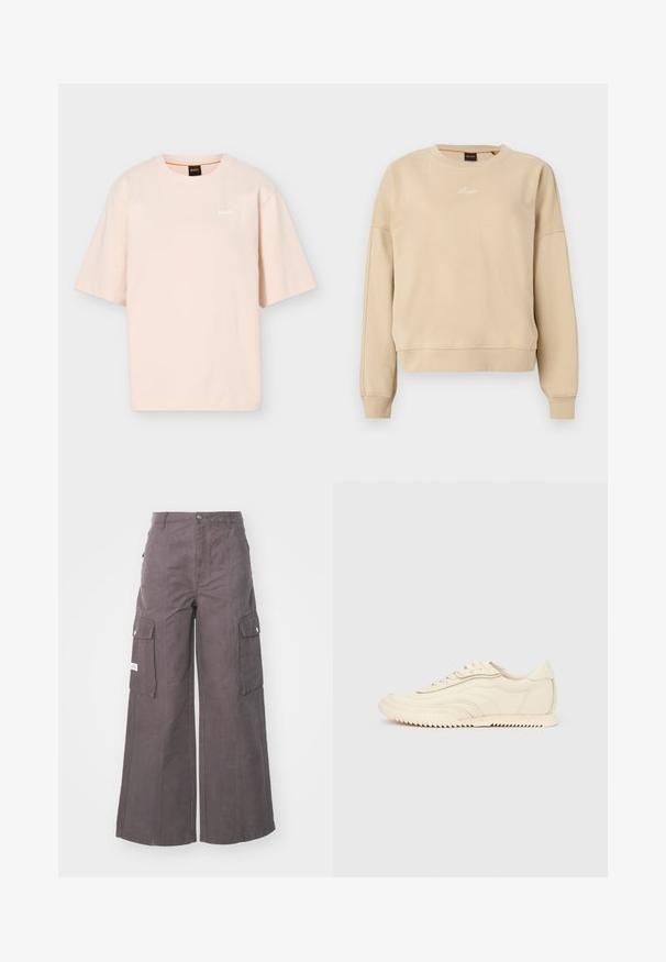 Sweat-shirt beige à manches longues avec col rond, poignets et ourlet côtelés, petit logo blanc brodé centré sur la poitrine.; T-shirt beige clair à manches courtes avec col rond, petit logo blanc "BOSS" sur le côté gauche de la poitrine et étiquette noire au col avec détail orange.; Pantalons cargo larges gris en fabric robuste, dotés de quatre grandes poches, d'une fermeture à bouton à l'avant et d'une coupe décontractée.; Baskets basses de couleur crème avec des coutures ondulées, une fermeture à lacets et une semelle crantée, vues de côté sur un fond uni.
