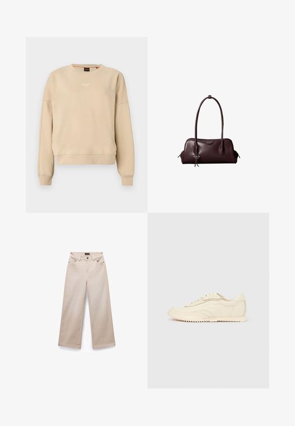 Sudadera beige de manga larga con cuello redondo, puños y bajo acanalados, pequeño logo blanco bordado en el centro del pecho.; Pantalones de pierna ancha beige, hechos de algodón con una textura suave. Cuenta con cinco bolsillos, pasadores para cinturón y herrajes en tono plateado en la parte frontal.; Zapatilla de perfil bajo color crema con costuras onduladas, cierre de cordones y suela acanalada, mostrada de lado sobre un fondo liso.; Bolso de mano de cuero marrón oscuro Calvin Klein con asas dobles largas y un pequeño colgante con el logotipo colgando de una de las asas.