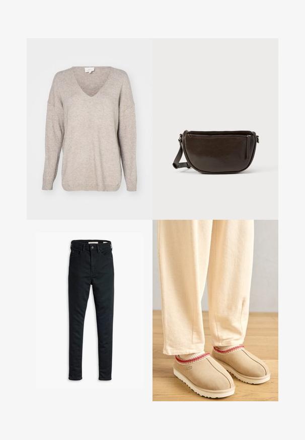 Pull en V beige en matière tricotée douce, avec une coupe décontractée, des épaules tombantes, et des poignets et un ourlet en côte.; Jeans slim noir avec fermeture à bouton et zip à l'avant, passants de ceinture, et poches avant et arrière, présentés sur un fond blanc.; Pieds portant des chaussons beiges avec une bordure rouge et un pantalon crème debout sur un sol en bois.; Sac bandoulière en cuir marron avec une forme arrondie, doté d'une fermeture éclair supérieure et d'une poche latérale zippée. Texture lisse avec une finition mate.