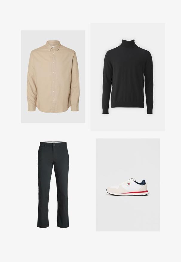 Sort turtleneck sweater lavet af blødt stof, med lange ærmer og ribbet krave, en glat tekstur og tætsiddende design.; Selected Flannel - Skjorter - pure cashmeredetail:mixed w. oatmeal; Jack & Jones Chino Slim Fit - Chino - black; Hvide atletiske sko med en overdel i ruskind og tekstil, marineblå accenter, et rødt stribe på sålen og perforerede detaljer.