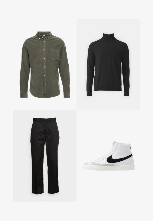 Sort turtleneck sweater lavet af blødt stof, med lange ærmer og ribbet krave, en glat tekstur og tætsiddende design.; Olivengrøn kordfløjlsskjorte med lange ærmer, knap-ned krave, frontlomme og frontknaplukning. Struktureret stof med lodrette striber.; Sorte bukser lavet af et glat stof med lige ben, bæltestropper og to sidelommer. Klassisk look uden udsmykninger.; Hvide høje sneakers med et sort swoosh, struktureret grå tåhætte og flad hvid sål. Har seks snørrehuller og syede detaljer.