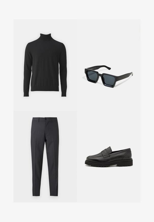 Sort turtleneck sweater lavet af blødt stof, med lange ærmer og ribbet krave, en glat tekstur og tætsiddende design.; Mørkegrå skræddersyede bukser med forreste knap og bæltestropper, vist fladt mod en hvid baggrund.; Sort læder loafersko med rund tå, syningsdetaljer og en tyk, struktureret sål. Har et elegant, minimalistisk design.; Sorte rektangulære solbriller med mørke linser. Tyk, glat plastikramme med let blank finish og lige stænger.