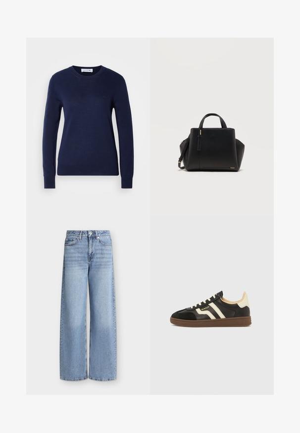 Marineblå crewneck sweatshirt lavet af strikket stof. Har lange ærmer og ribbet kant. Lacoste-logo i matchende farve på brystet.; Lyseblå vidde jeans med forlommer, bæltestropper, knaplukning og falmede detaljer på lårene.; Sorte sneakers med cremefarvede striber, tekstureret læderoverdel og en brun gummisål. Har snørebånd og en lav profil.; Sort læderhåndtaske med håndtag øverst, justerbar skulderrem, gyldent mærkelogo og struktureret rektangulær form på hvid baggrund.