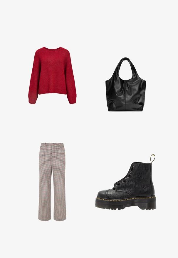 Rød strikket sweater med løs pasform, rund halsudskæring og dropped skuldre. Har en blød tekstur samt ribbede kanter og manchetter.; Tjekkede bukser i beige, rød og marineblå. Bred ben-design med skræddersyet talje og plisseringer, der har en tekstureret stoffinish.; Sorte læder ankelstøvler med tekstureret overflade, rund tå, snørebåndsdesign, gule stikninger og en tyk, rillet sort platformsål.; Sort læder tote taske med en glat overflade, en blød, afrundet top og brede håndtag. Har minimal syning og en afslappet silhuet.