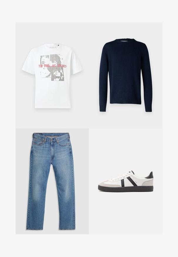 Selected SLMCODY LS KNIT CREW NECK NOOS - Trui - sky captain; Witte katoenen T-shirt met een grafische print van gezichten en de tekst "THE ROLLING STONES" in het rood. Ronde hals en korte mouwen.; Blauwe straight-leg denim jeans met een sluiting van knoop en rits aan de voorkant, riemlussen en een vijf-pocketontwerp op een witte achtergrond.; Witte sneaker met zwarte en grijze accenten, voorzien van een grijze neus met textuur, zwarte rubberen zool en platte witte veters. Schoon ontwerp, minimalistische stijl.