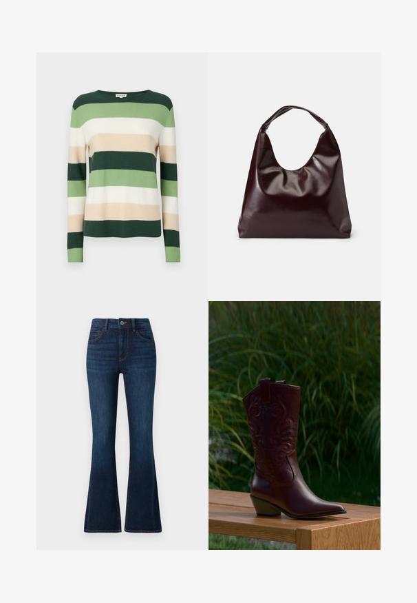 Gestreepte trui met lange mouwen. Kleuren zijn donker groen, licht groen, crème en beige. Gemaakt van een zachte gebreide stof. Ronde halslijn.; TOM TAILOR STELLA donkerblauw denim; Donkerbruine leren cowboylaars met geborduurde patronen, lage schuine hak en aantreklapjes, geplaatst op een houten bank met groene planten op de achtergrond.; Bordeaux, glanzende vegan leren totebag met een zachte, sculpturale vorm en een brede, gebogen handgreep voor makkelijk dragen.