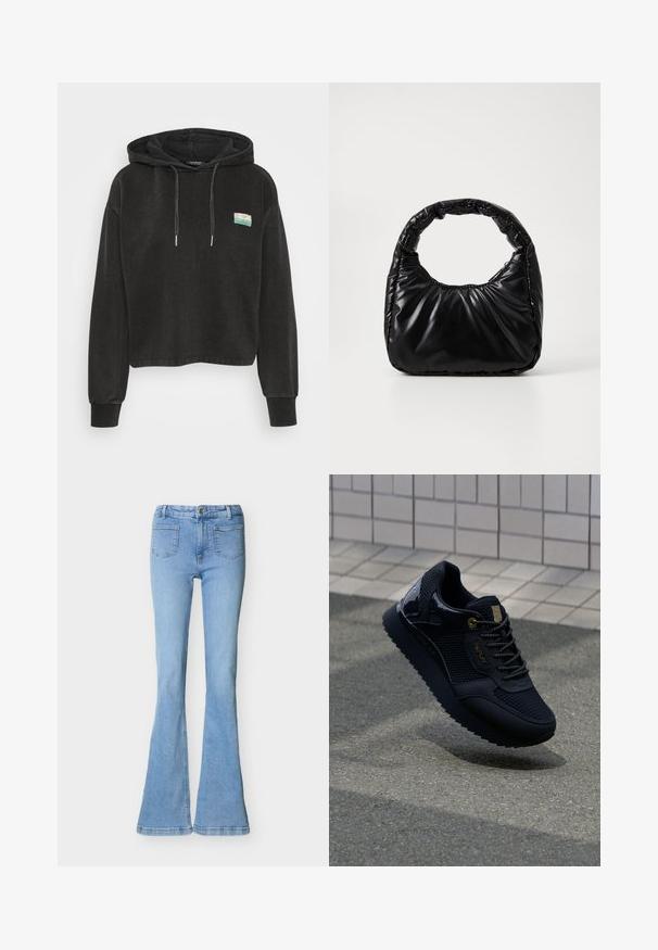 Sort cropped hoodie lavet af blød stof, med en kengurulomme, snørelukning på hætten og et lille farverigt patch foran.; Lyseblå denim flare jeans med forlommer, knap- og lynlåslukning, vist fladt på en hvid baggrund.; Sort sneakers med mesh-overdel, glinsende detaljer, guldfarvet hardware, tekstureret sål og polstret krave for komfort.; Sort polstret håndtaske med et rundt håndtag, der har en glat, skinnende overflade og en blød, kviltet tekstur. Ingen synlige hardware eller accenter.