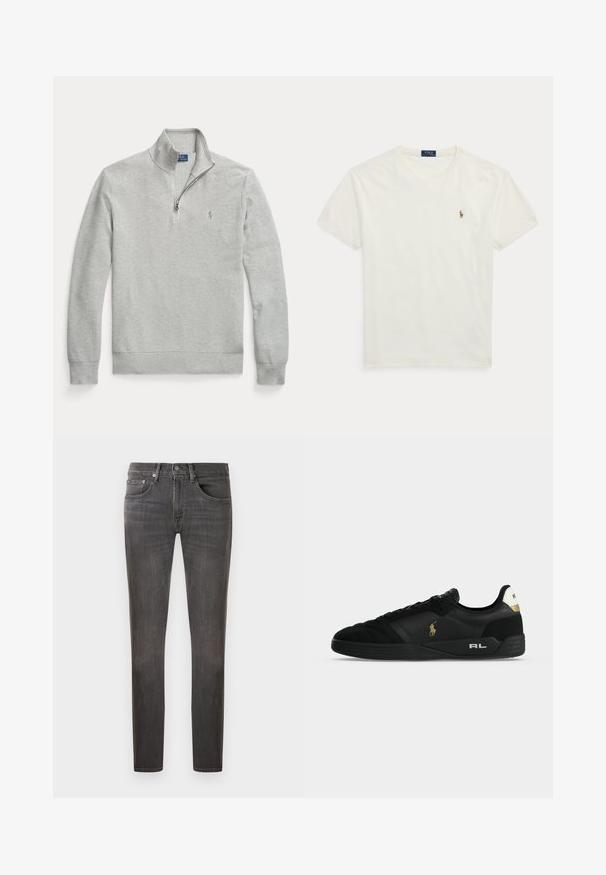 Hellgrauer gestrickter Quarter-Zip-Pullover mit Stehkragen und dezent besticktem Logo auf der linken Brust.; Weißes kurzärmeliges Baumwoll-T-Shirt mit Rundhalsausschnitt, kleinem besticktem Polo Ralph Lauren Logo auf der linken Brust.; Dunkelgraue Denim-Jeans mit klassischer Passform, fünf Taschen-Design und subtilen Waschungseffekten, mit Knopfverschluss und Reißverschluss.; Schwarzer Sneaker mit niedrigem Schaft, goldenem Polo-Logo an der Seite, weißem Fersenband mit Polo-Schriftzug und „RL“ in Weiß auf schwarzer Sohle.
