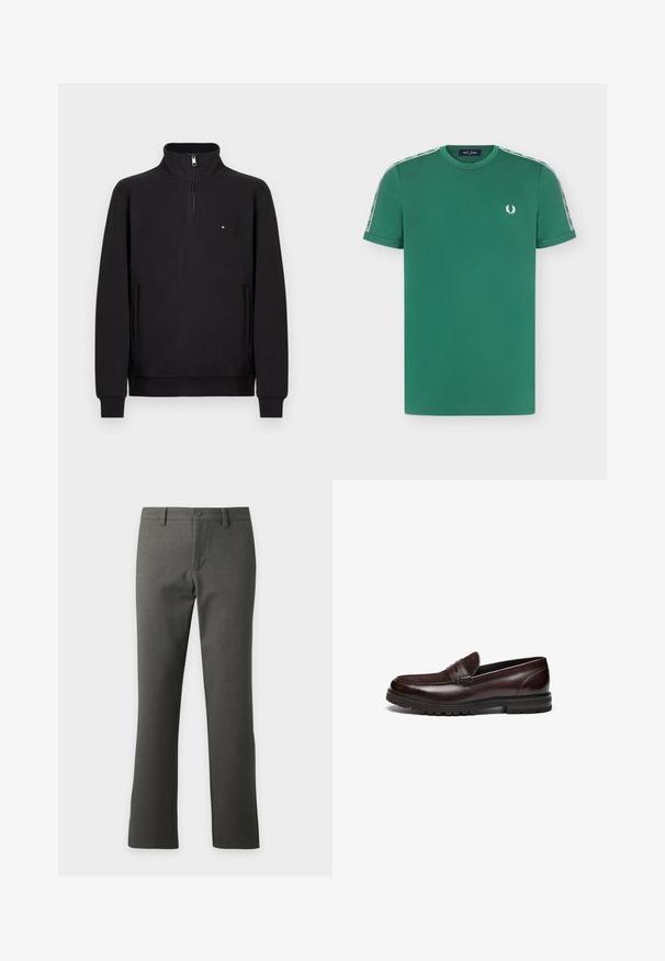 Sweat-shirt noir à demi-zippé avec des manches longues, des poches latérales et un petit logo sur la poitrine. Tissu doux avec une texture lisse.; T-shirt vert à manches courtes avec logo blanc sur le côté gauche de la poitrine et bandes blanches marquées le long des deux épaules et manches.; Pantalon droit gris foncé avec passants de ceinture, fermeture par bouton et braguette zippée, présenté sur un fond clair uni.; Mocassins en cuir marron avec un accent en daim, bout rond et semelle en caoutchouc texturé. Dotés de détails cousus et d'un léger talon.