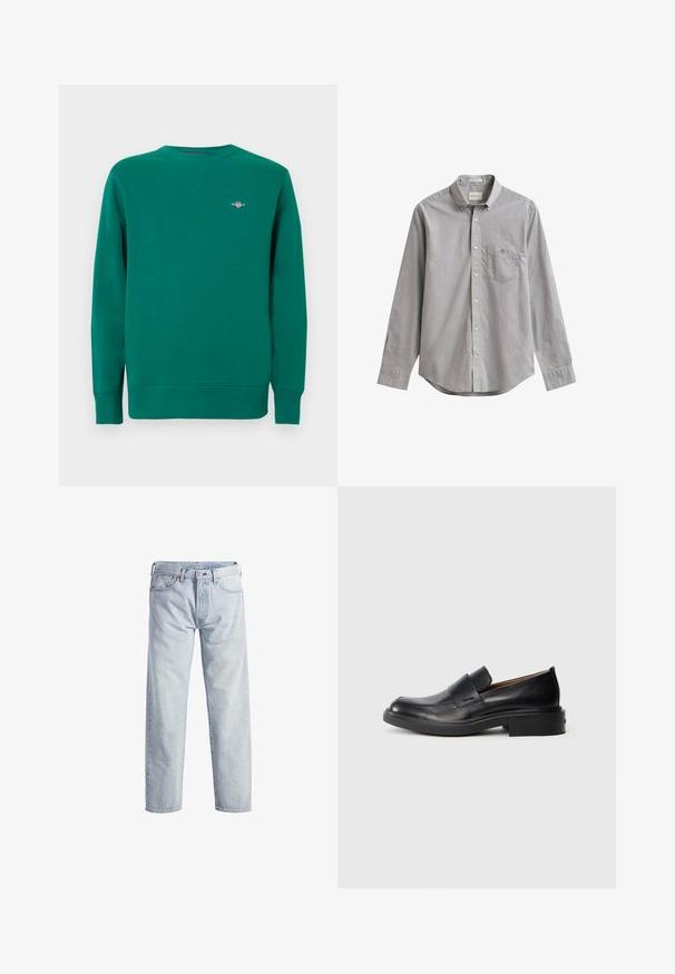Sudadera verde de tela texturizada, con cuello redondo y puños acanalados. Incluye un pequeño logo en el lado izquierdo del pecho.; Camisa de manga larga de color gris claro con botones, cuello, bolsillo delantero y pequeño logo en el bolsillo, extendida sobre fondo blanco.; Vaqueros de mezclilla de color azul claro con un diseño de pierna recta, cierre de botón, cinco bolsillos y una textura de desgaste sutil. Presenta detalles de metal.; Zapato de vestir negro de cuero sin cordones con tacón bajo y un sutil logo de Calvin Klein en el lateral, mostrado en perfil sobre un fondo blanco.