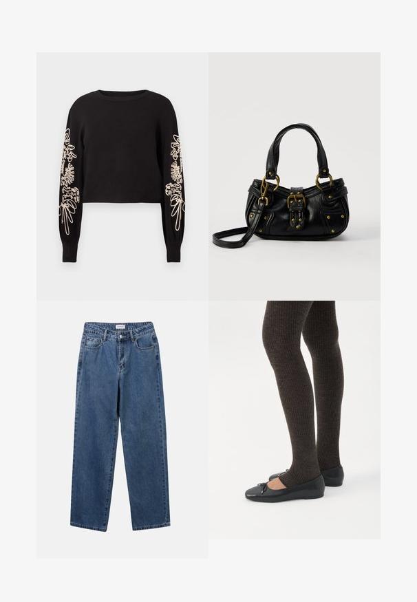 Zwarte cropped trui met lange mouwen, voorzien van beige bloemenborduurwerk op de mouwen, ronde halslijn en ribgebreide manchetten. Gladde stofstructuur.; Klassieke blauwe denim jeans met een rechte pijp, vijf zakken en een knoopsluiting. Heeft een middelgrote wasbeurt en stevige textuur.; Benen met donkere geribbelde leggings gecombineerd met zwarte ballerina's met kleine strikdetails op een witte achtergrond.; Zwarte leren handtas met gouden gesp en klinknagel details, korte handvatten en een verstelbare schouderriem op een effen witte achtergrond.
