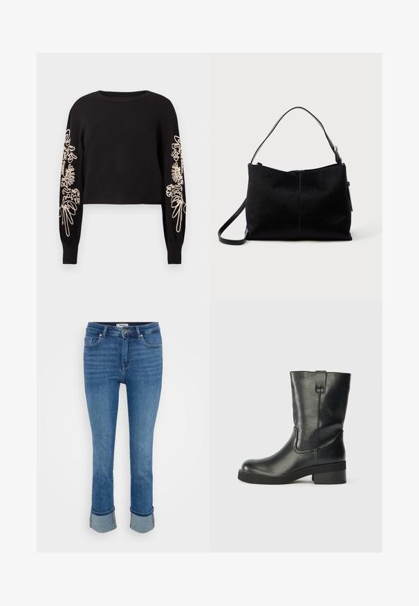 Sort cropped sweater med lange ærmer, featuring beige blomsterbroderi på ærmerne, rund halsudskæring og ribbede manchetter. Glat stofstruktur.; Blå denim jeans med forlommer, knaplukning og oprullede bukseben på en ensfarvet lys baggrund.; Sort læderstøvle til midt på læggen med en lav blokhæl, rund tå og en løftestrop på siden mod en ensfarvet baggrund.; Sort skuldertaske med en glat, tekstureret overflade, prydet med en enkelt rem og en lynlåslukning øverst. Kompakt rektangulær form.