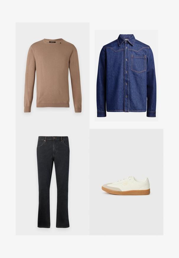 Beige langærmet sweater med rund halsudskæring, lavet af blødt, tekstureret stof. Har ribbede manchetter og søm samt en lille logodetalje.; Mørkeblå denim skjorte med lange ærmer, spids krave, knaplukning, brystlomme og kontrast-orange syninger.; Mørkeblå denim jeans med lige pasform, der har fem lommer, kontrastsyninger og en let udvidelse ved kanten.; Sneaker lavet af hvid læder med en beige tåhætte og let brunt gummisål. Har flade hvide snørebånd og prægede branding på siden.