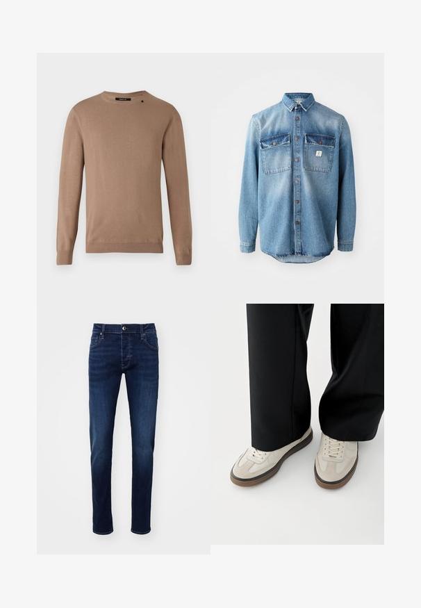 Suéter beige de manga larga con cuello redondo, hecho de un tejido suave y texturizado. Presenta puños y dobladillo de canalé, y un pequeño detalle de logo.; Camisa de mezclilla azul claro con mangas largas, dos bolsillos en el pecho, cierre de botones en la parte delantera y los bordes de los bolsillos de un color más oscuro. Presenta un dobladillo redondeado.; Jeans de mezclilla ajustados en azul oscuro, con botón frontal, bolsillos, pasadores para cinturón y sutiles detalles de desvanecimiento en las piernas.; Pies con zapatillas beige con suelas marrones y pantalones negros de pierna ancha sobre un fondo blanco.