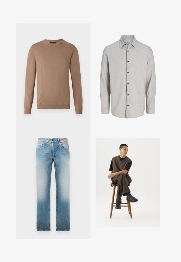 Beige langærmet sweater med rund halsudskæring, lavet af blødt, tekstureret stof. Har ribbede manchetter og søm samt en lille logodetalje.; Lys grå langærmet skjorte lavet af struktureret stof. Har en button-down krave og seks sorte knapper foran.; Lys blå denim jeans med lige ben-design, der har et falmet vask, fem lommer og en knaplukning i taljen.; Brun strikket vest over en sort t-shirt, parret med brune vidde bukser og sorte chunky sko, siddende på en træstub.