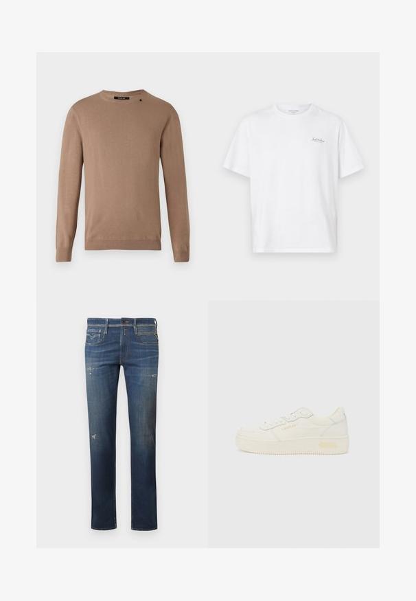 Beige langærmet sweater med rund halsudskæring, lavet af blødt, tekstureret stof. Har ribbede manchetter og søm samt en lille logodetalje.; Hvid kortærmet t-shirt lavet af bomuld, med rund hals og et lille logo på venstre brystområde. Glat tekstur, afslappet pasform.; Mørkeblå denim jeans med lige ben, med slidte områder, subtile falmninger og traditionelt fem-lommes design med knaplukning.; Lavtop hvid sneaker med snørelukning foran, tyk sål og diskret "REPLAY" branding på siden og hælen, vist i profil.