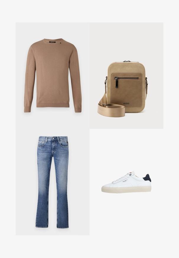 Beige langærmet sweater med rund halsudskæring, lavet af blødt, tekstureret stof. Har ribbede manchetter og søm samt en lille logodetalje.; Lyseblå denimjeans med en udvidet ben-design, der har fem lommer, en knaplukning foran og diskret falmning overalt.; Hvid lavtop-sneaker med beige sål, hvide snørebånd, sort hælkappe og "Pepe Jeans London"-logo på siden.; Lille beige crossbody-taske med lynlåslomme foran, metal ALDO-logo, justerbar bred rem og rundet rektangulær form på hvid baggrund.