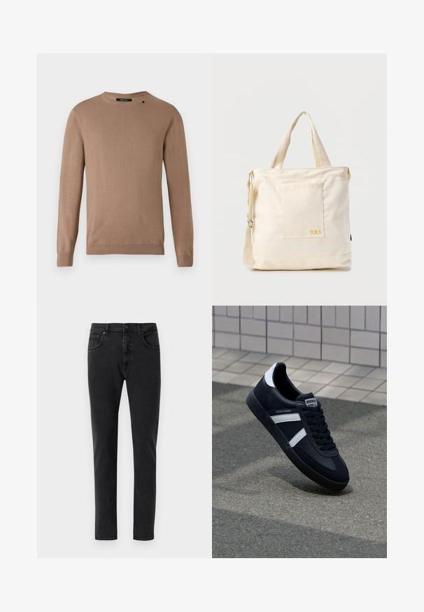 Beige Pullover mit langen Ärmeln und rundem Ausschnitt, aus weichem, strukturiertem Stoff. Verfügt über gerippte Bündchen und einen gerippten Saum sowie ein kleines Logodetail.; Schwarze Denim-Jeans mit schmaler Passform, klassischem Fünf-Taschen-Design und minimalen Nähten. Glatte Textur, normaler Bund.; Schwarze Leder-Sneaker mit weißen Streifen, strukturiertem Gummisohle und Schnürung. Verfügt über ein Markenetikett auf der Zunge.; Beige Canvas-Shopper mit Fronttasche, zwei Griffen, verstellbarem Schulterriemen und kleinem gelbem "O.N.S"-Text unten rechts auf der Tasche.