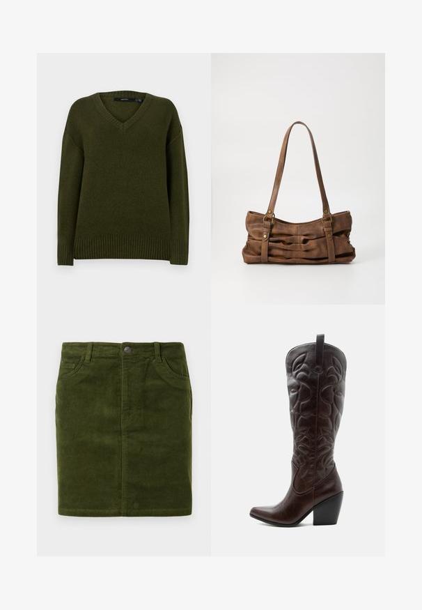 Pull olive en col V, fabriqué en tissu doux. Comprend des poignets et un ourlet côtelés pour une finition ajustée.; Jupe en velours côtelé vert foncé à coupe droite, dotée d'un design à cinq poches et d'une fermeture à bouton en métal à la taille.; Botte de cowboy haute en cuir marron foncé avec motifs décoratifs cousus, bout pointu et talon bloc empilé.; Even&Odd by Zalando Sac à main - brown