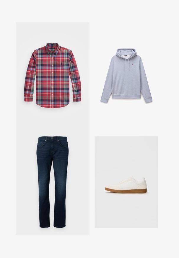 Helehall hall pullover-tüüpi kapuutsiga dressipluus esiküljel nööridega ja väikese Norra lipu logoga vasakul rinnal.; Pikend varrukatega ruuduline särk punases, sinises ja rohelises värvitoonis, nööbitava kraega, rinna taskuga ja logo tikandiga vasakul küljel.; Tumed sinised sirge lõikega teksapüksid esitaskute, vööaasade, nööbigarundi ja õrnade pleekimistega reitel.; Valge tenniseking nubukist varbaga, sileda sünteetilise pealmise osaga ja pruunist kummist tallaga. Küljel on ventilatsiooniaugud, et tagada õhuringlus.