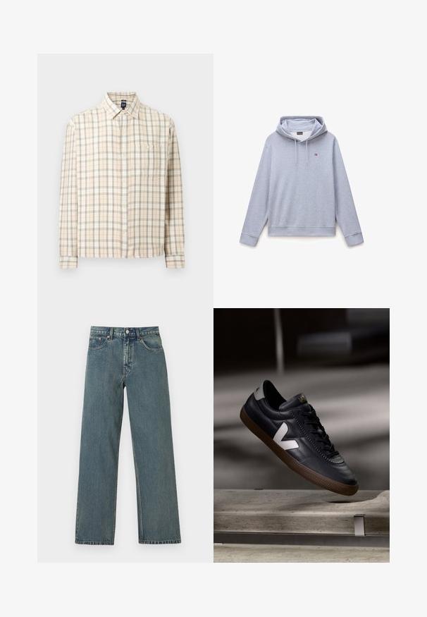 Sweat à capuche gris clair avec cordons à l'avant et petit logo du drapeau norvégien sur le côté gauche de la poitrine.; Chemise à manches longues en plaid beige avec fermeture à boutons sur le devant, une poche poitrine unique et un col classique, présentée sur un fond uni.; Jean denim bleu à coupe droite avec cinq poches, fermeture par bouton et passants pour ceinture sur un fond clair uni.; Baskets en cuir noir avec logo V blanc, avant lacé, détails perforés et semelle en caoutchouc brun; design épuré avec peu d'accents.
