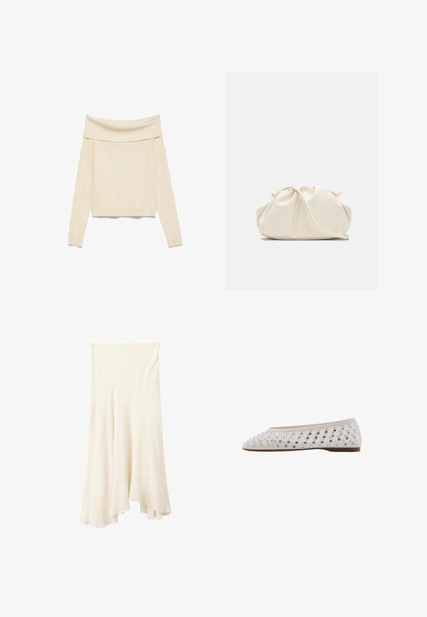 Pull en tricot côtelé de couleur crème avec manches longues et large encolure bardot repliée, posé à plat sur un fond blanc.; Jupe midi fluide couleur crème avec un ourlet asymétrique et un tombé doux du tissu.; Ballerines en tissu crème avec des paillettes argentées disposées en motif de points, bout rond et semelle brune basse. Dessus texturé pour une touche de détail supplémentaire.; Pochette en cuir souple couleur crème avec un design froncé et une fine bandoulière reposant à l’avant sur un fond uni.