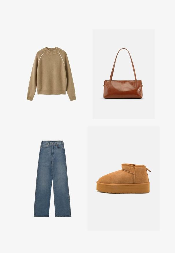 Beige ribstrikket sweater med lange ærmer, rund halsudskæring og diskrete hvide kantebånd langs skuldersømmene.; Højtaljede, bredbenede jeans i mellemblå denim. Har fem lommer, en frontknaplukning og kontrasterende syninger.; Brune suede ankelstøvler med en rund tå, lav skæring, og en tekstureret gummisål med en lille platform og et hængsel.; Rektangulær brun læderhåndtaske med to lange skulderremme, glat blank finish og minimalistisk design på en ensfarvet baggrund.
