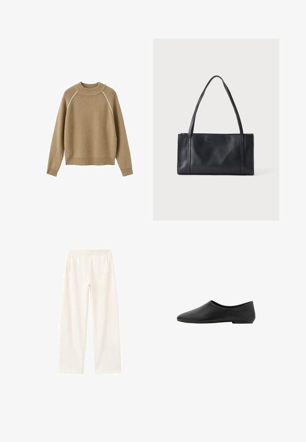 Beige ribstrikket sweater med lange ærmer, rund halsudskæring og diskrete hvide kantebånd langs skuldersømmene.; Off-white bukser med vide ben, elastisk taljebånd og sidelommer, lavet af et blødt og glat stof.; Sorte minimalistiske flade sko med rund mandelformet tå og lav hæl, glat læderoverdel, slip-on stil.; Sort rektangulær lædertaske med to tynde skulderremme mod en ensartet lys baggrund.
