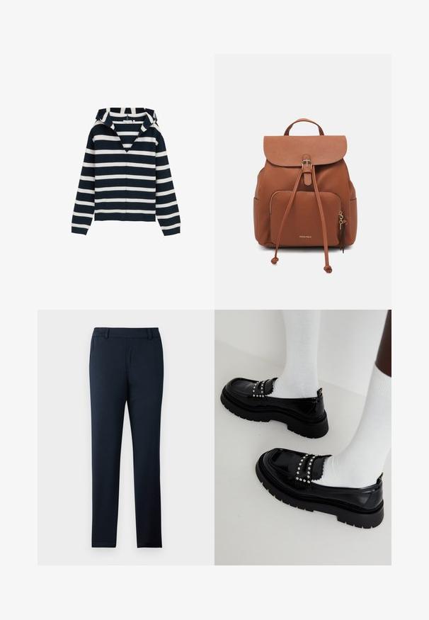 Marineblåt og hvidt stribet sweater, v-hals design, lange ærmer, lavet af blødt materiale, med en let afslappet pasform og ribbede manchetter.; Mørkeblå bukser lavet af et blødt, strækbart stof. Har en flad front, bæltestropper og et slankt, tapered ben design.; Sorte patenterede sko med en kraftig sål, udstyret med sølvnitter og bølgede detaljer, båret med hvide sokker.; Brun faux læder rygsæk med flaplukning, snoretræk detalje, frontlomme med lynlås og hardware i guldtone.
