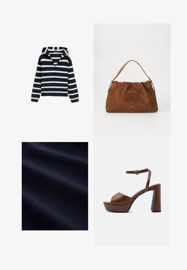 Marineblåt og hvidt stribet sweater, v-hals design, lange ærmer, lavet af blødt materiale, med en let afslappet pasform og ribbede manchetter.; Mørk navyblåt glat stof med bløde folder og subtil tekstur, der antyder et let og fint materiale.; Brun læder platform sandal med tyk høj hæl, åben tå og justerbar ankelrem med gyldent spænde, vist fra siden.; Brun ruskind handbag med en samlet design, der har en enkelt tan læderstrop og en subtil guld logo detalje på fronten.