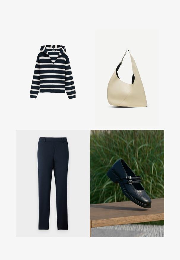 Suéter a rayas en azul marino y blanco, diseño de cuello en V, manga larga, hecho de material suave, con un ajuste ligeramente relajado y puños acanalados.; Pantalones azul marino hechos de una suave tela elástica. Presentan un diseño de frente plano, presillas para cinturón y un corte delgado y entallado.; Zapato Mary Jane negro de cuero con dobles correas con hebillas y detalles brogue, flotando sobre un banco de madera con fondo de césped verde.; Bolso de hombro de cuero liso color crema con forma triangular curva y correa ajustable con hebilla plateada.