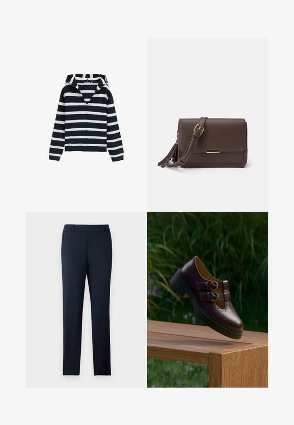 Marineblåt og hvidt stribet sweater, v-hals design, lange ærmer, lavet af blødt materiale, med en let afslappet pasform og ribbede manchetter.; Mørkeblå bukser lavet af et blødt, strækbart stof. Har en flad front, bæltestropper og et slankt, tapered ben design.; Mørkebrune lædersko med dobbelt rem, perforerede detaljer og tyk sort sål, hængende over et træbord udendørs.; Brun faux læder crossbody taske med klaplukning, hardware i guldtone og sidepompom detalje. Justerbar rem for alsidig brug.