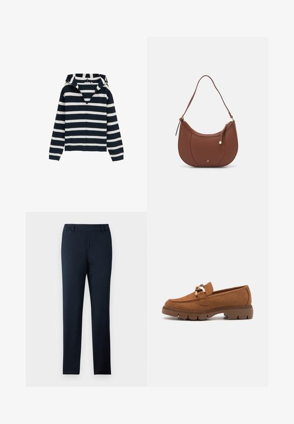 Suéter a rayas en azul marino y blanco, diseño de cuello en V, manga larga, hecho de material suave, con un ajuste ligeramente relajado y puños acanalados.; Pantalones azul marino hechos de una suave tela elástica. Presentan un diseño de frente plano, presillas para cinturón y un corte delgado y entallado.; Mocasines de ante marrón con un acento decorativo de cadena en tono dorado, que presentan una suela de goma texturizada y un diseño de punta redonda.; Bolso de hombro de imitación cuero marrón con forma curva, costura mínima y un acento de hardware en tono dorado. Presenta un cierre de cremallera en la parte superior y una correa ajustable.