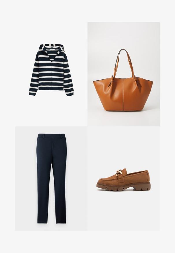 Marineblåt og hvidt stribet sweater, v-hals design, lange ærmer, lavet af blødt materiale, med en let afslappet pasform og ribbede manchetter.; Mørkeblå bukser lavet af et blødt, strækbart stof. Har en flad front, bæltestropper og et slankt, tapered ben design.; Brune ruskindsloafers med en dekorativ kæde i guldfarve, der har en tekstureret gummisål og rund tådesign.; Brun læder tote taske med en bred, vinkelret form; har to lange håndtag og kontrasterende syninger langs kanterne.