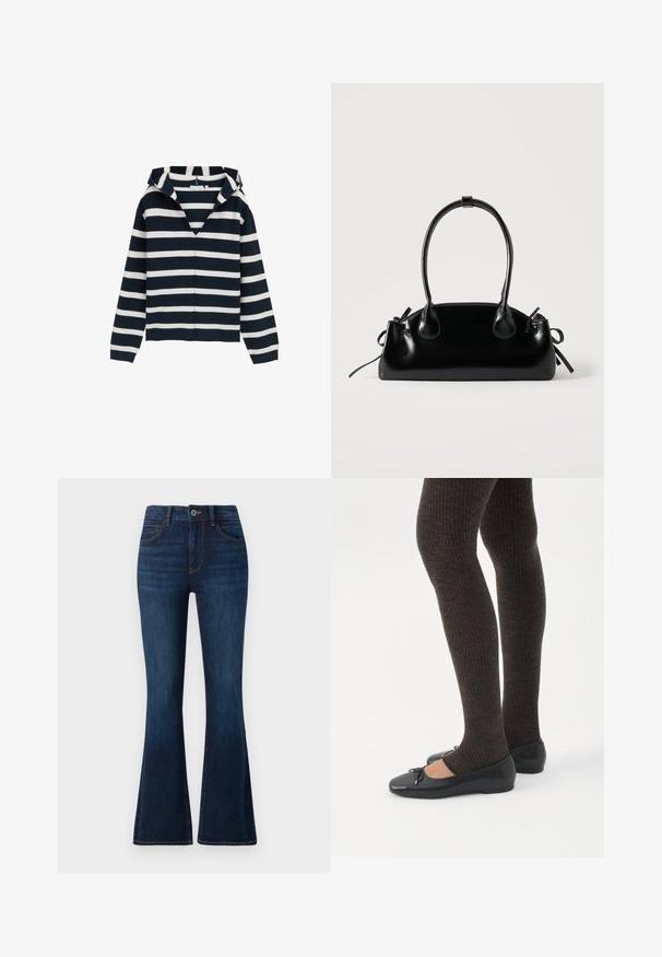 Marineblåt og hvidt stribet sweater, v-hals design, lange ærmer, lavet af blødt materiale, med en let afslappet pasform og ribbede manchetter.; TOM TAILOR STELLA darkblue; Ben iført mørke ribbede leggings kombineret med sorte balletsko med små sløjfedetaljer på hvid baggrund.; Lille sort blank håndtaske med to lange håndtag og snøre-detaljer i siden på en ensfarvet lys baggrund.