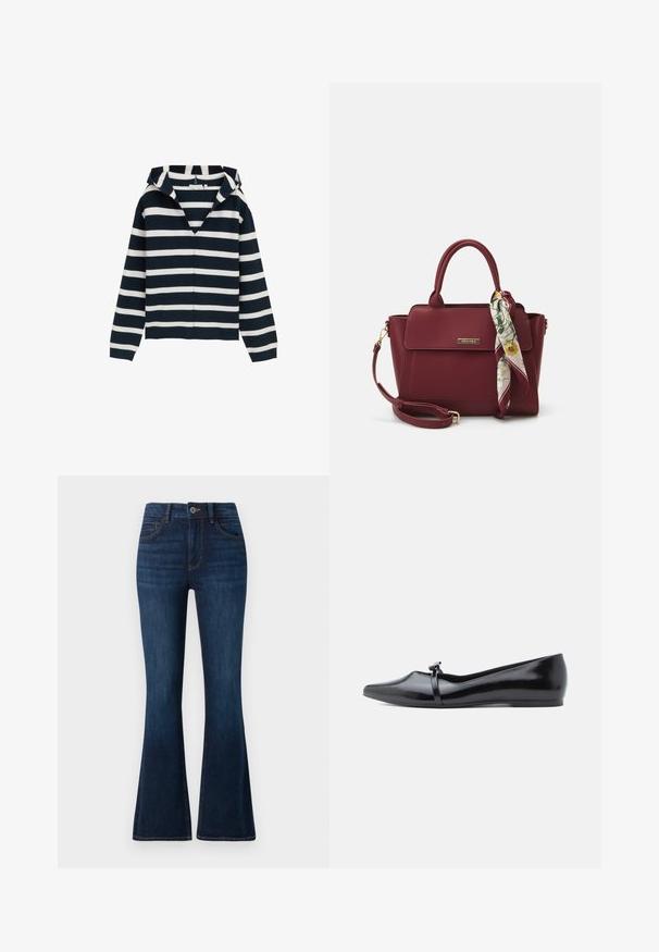 Marineblauwe en witte gestreepte trui, met V-hals ontwerp, lange mouwen, gemaakt van zacht materiaal, met een licht relaxte pasvorm en geribbelde manchetten.; TOM TAILOR STELLA donkerblauw denim; Zwarte lakleren balletflat met een spitse neus, decoratieve riem en een gladde textuur. Minimalistisch ontwerp zonder zichtbare accenten.; Bordeaux handtas van synthetisch materiaal met een gestructureerd ontwerp, voorzien van een afneembare schouderband en een met bloemenpatroon versierde sjaal die aan het handvat is geknoopt.