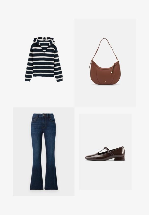 Pull marin et blanc à rayures, design en V, à manches longues, fabriqué à partir d'un matériau doux, avec une coupe légèrement décontractée et des poignets côtelés.; TOM TAILOR STELLA denim bleu foncé; Chaussures Mary Jane en cuir verni marron avec un bout arrondi, un design ajouré et une bride réglable. Talon bas bloc.; Sac à épaule en faux cuir brun, de forme arrondie, avec des coutures minimales et un accent en matériel doré. Il possède une fermeture zippée sur le dessus et une sangle réglable.