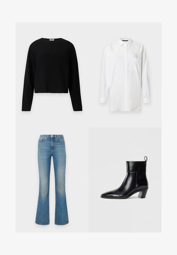 Sort, langærmet cropped strikket sweater med rund halsudskæring og afslappet pasform, vist mod en hvid baggrund.; Hvid skjorte med knapper, krave, lange ærmer og en enkelt brystlomme. Fremstillet af glat stof med et ensfarvet design.; Lys blå flagrende jeans lavet af denim. Indeholder en talje med en knap og et falmet vask, der snævrer ind til en bred kant ved anklerne.; Sort læder ankelstøvle med spids tå, geometrisk stablet hæl og en løftestrop bagpå. Glat tekstur og slankt design.