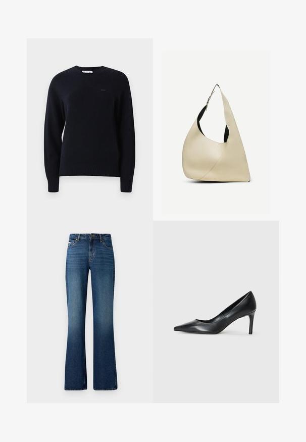 Sort langærmet crewneck sweater med ribbede manchetter og kant, der har et diskret broderet logo på venstre bryst.; Flare jeans i en medium blå vask, med et klassisk fem-lomme design, knaplukning og en let slidt tekstur.; Sorte læder spidse pumps med en slank hæl, glat tekstur og ingen synlige udsmykninger. Rent design med en minimalistisk æstetik.; Skuldertaske i cremelærret glat læder med buet trekantet form og justerbar rem med sølvspænde.