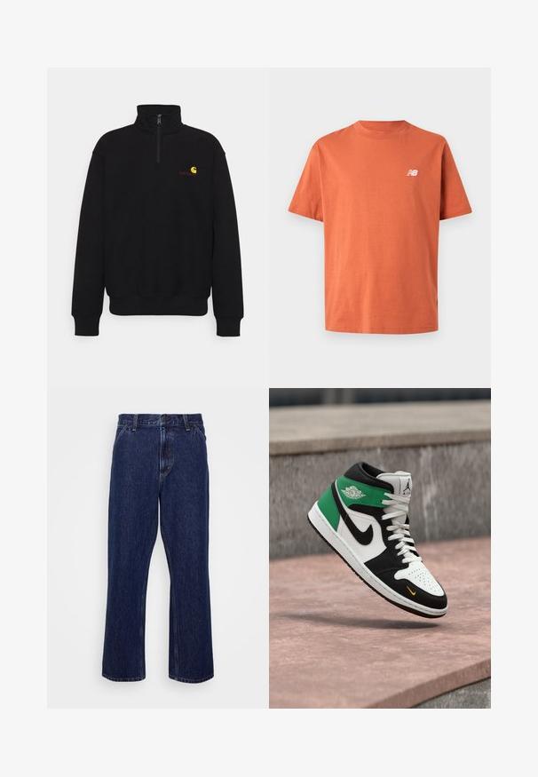 Schwarzer Fleece-Pullover mit hohem Kragen, halbem Reißverschluss, Rippbündchen und Rippbund. Mit einem kleinen gelben und roten Logo auf der Brust.; Oranges Baumwoll-T-Shirt mit Rundhalsausschnitt, kurzen Ärmeln und einem kleinen weißen Logo auf der linken Brust. Glatte, leichte Textur.; Dunkelblaue Jeans aus Denim mit geradem Bein, ausgestattet mit einem Knopfverschluss, Fünf-Taschen-Style und dezenten Nähten.; Air Jordan High-Top Sneaker in Weiß, Schwarz und Grün, schwebt über einer rosa Steinoberfläche mit grauem Hintergrund.