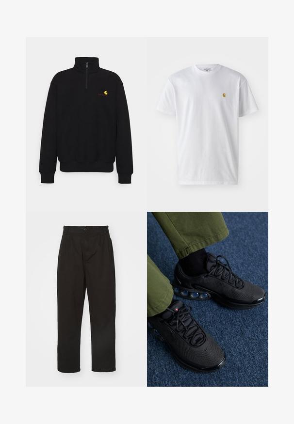 Sort fleece sweatshirt med høj krave, halv lynlås, ribbede mansjetter og kant. Har et lille gult og rødt logo på brystet.; Hvid bomulds t-shirt med korte ærmer, rund hals og et lille guld logo på venstre brystområde. Blød tekstur og almindelig pasform.; Sorte bukser lavet af glat stof, med knaplukning, lige pasform og to frontfolder for ekstra detalje.; Sorte sportssko med mesh-overdel, tekstureret overflade og synlige luftpolstringselementer. Kombineret med olivengrønne bukser og sorte sokker.