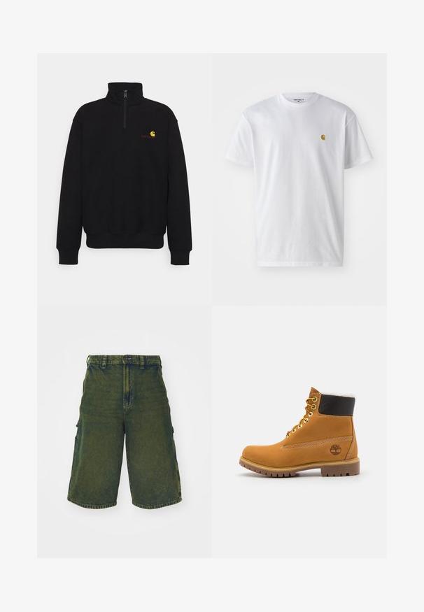 Sort fleece sweatshirt med høj krave, halv lynlås, ribbede mansjetter og kant. Har et lille gult og rødt logo på brystet.; Hvid bomulds t-shirt med korte ærmer, rund hals og et lille guld logo på venstre brystområde. Blød tekstur og almindelig pasform.; Grønne denim cargo shorts med afslappet pasform, der har sidelommer og knaplukning. Slidt tekstur og lige snit.; Brune læder ankelstøvle med metaløjer, hvid pelsforing, sort polstret krave, robust sål og præget logo på siden.