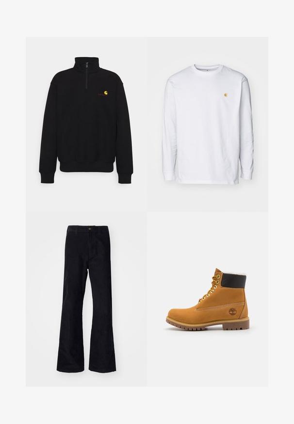 Schwarzer Fleece-Pullover mit hohem Kragen, halbem Reißverschluss, Rippbündchen und Rippbund. Mit einem kleinen gelben und roten Logo auf der Brust.; Weißes Langarm-T-Shirt aus Baumwolle. Mit kleinem goldenem Logo auf der Brust und Rundhalsausschnitt. Einfaches Design und normale Passform.; Schwarze, baumwollene Schlaghose mit traditionellem Bund, einem einzelnen vorderen Knopf und Taschen an den Seiten und hinten. Glatte Textur.; Braune Leder-Ankle-Boots mit Metallösen, weißem Kunstfellfutter, schwarzem gepolstertem Kragen, robustem Sohlenprofil und geprägtem Logo an der Seite.